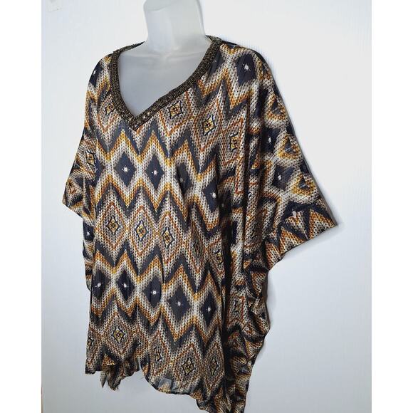 Chico's Diamond Print Poncho Shawl Beaded Sequin Sheer S/M Boho Top Flowy Topper - Picture 2 of 11